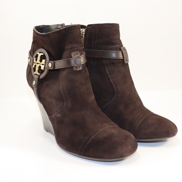 Tory Burch Shoes - Tory Burch Suede Wedge Ankle Boots Women 8.5 Brown Excellent Logo Medallion 4208